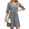 thumbnail image 2 of WCMZJ Women's Casual Half Sleeve V Neck Tiered Swing Flowy Loose A-line Cute Mini Short Spring Summer Dress Gray M, 2 of 7