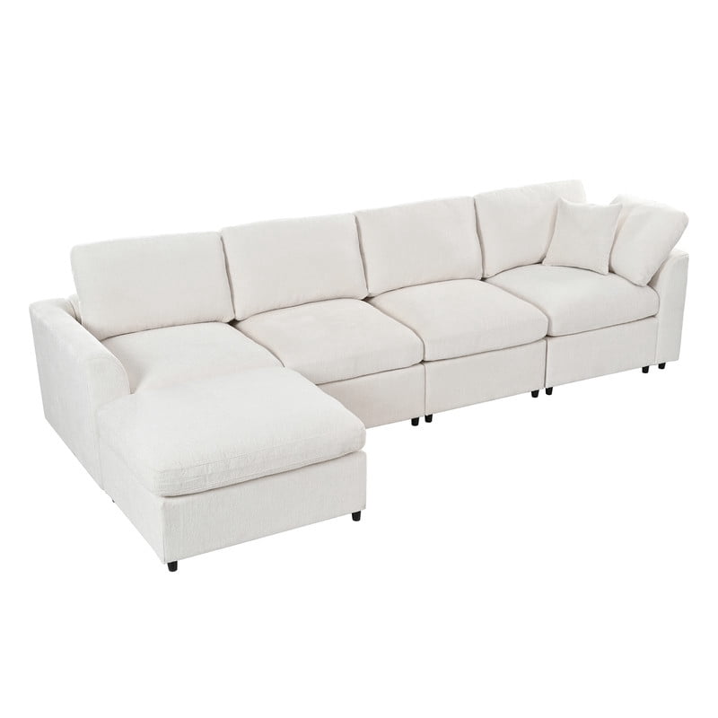 L-Shaped Modular Sectional Sofa, 4-Seater Chenille Couch with Movable Ottoman, Deep Seat Modern Sofa with Solid Wood Frame, 1 Throw Pillow for Living Room & Apartment
