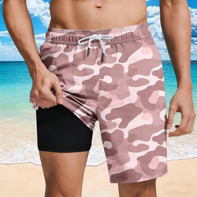 Ceisia Men's Camouflage Print Loose Fit Quick Dry Beach Shorts with Inner Lining Pink L Gifts