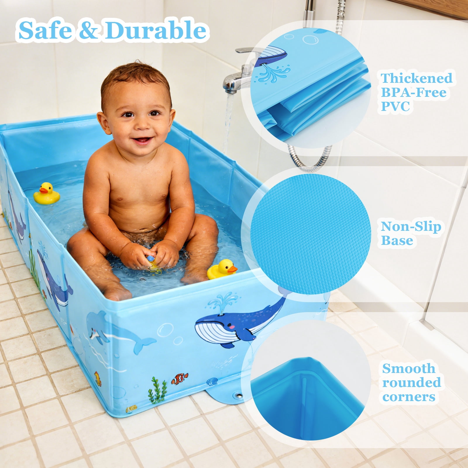 RoamReady Collapsible Foldable Baby Bathtub 6M-4Y Infant Toddler Portable Travel Tub with Quick Drain Plug Space Saving Easy Clean No Assembly Blue