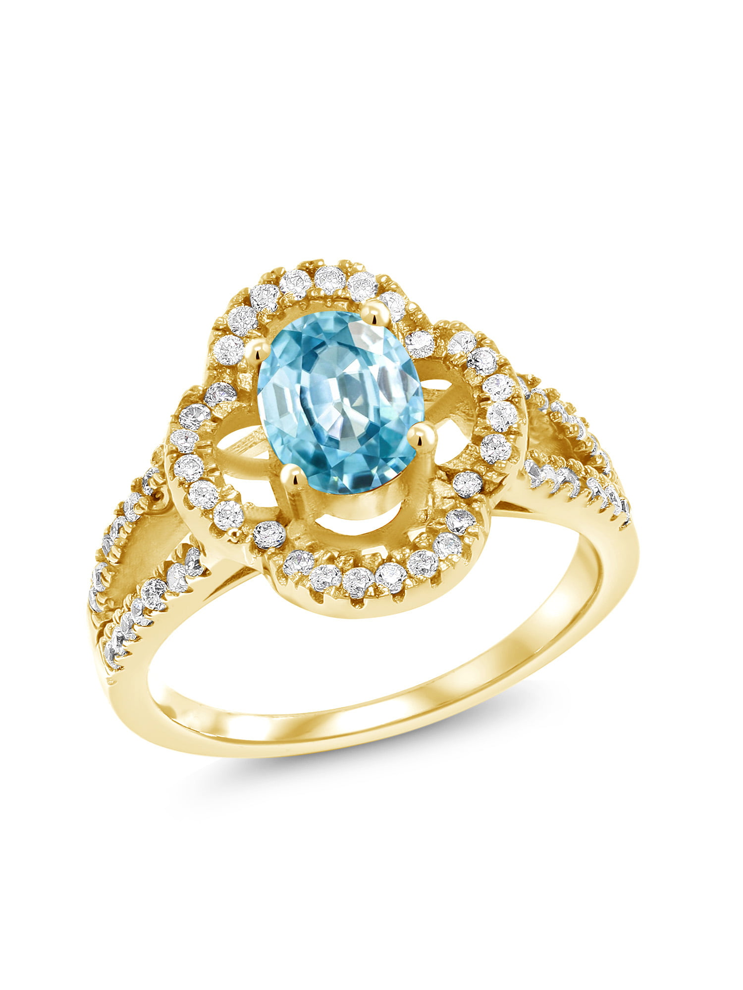 Gem Stone King 1.20 Ct Oval Blue Zircon 18K Yellow Gold Plated Silver Ring 