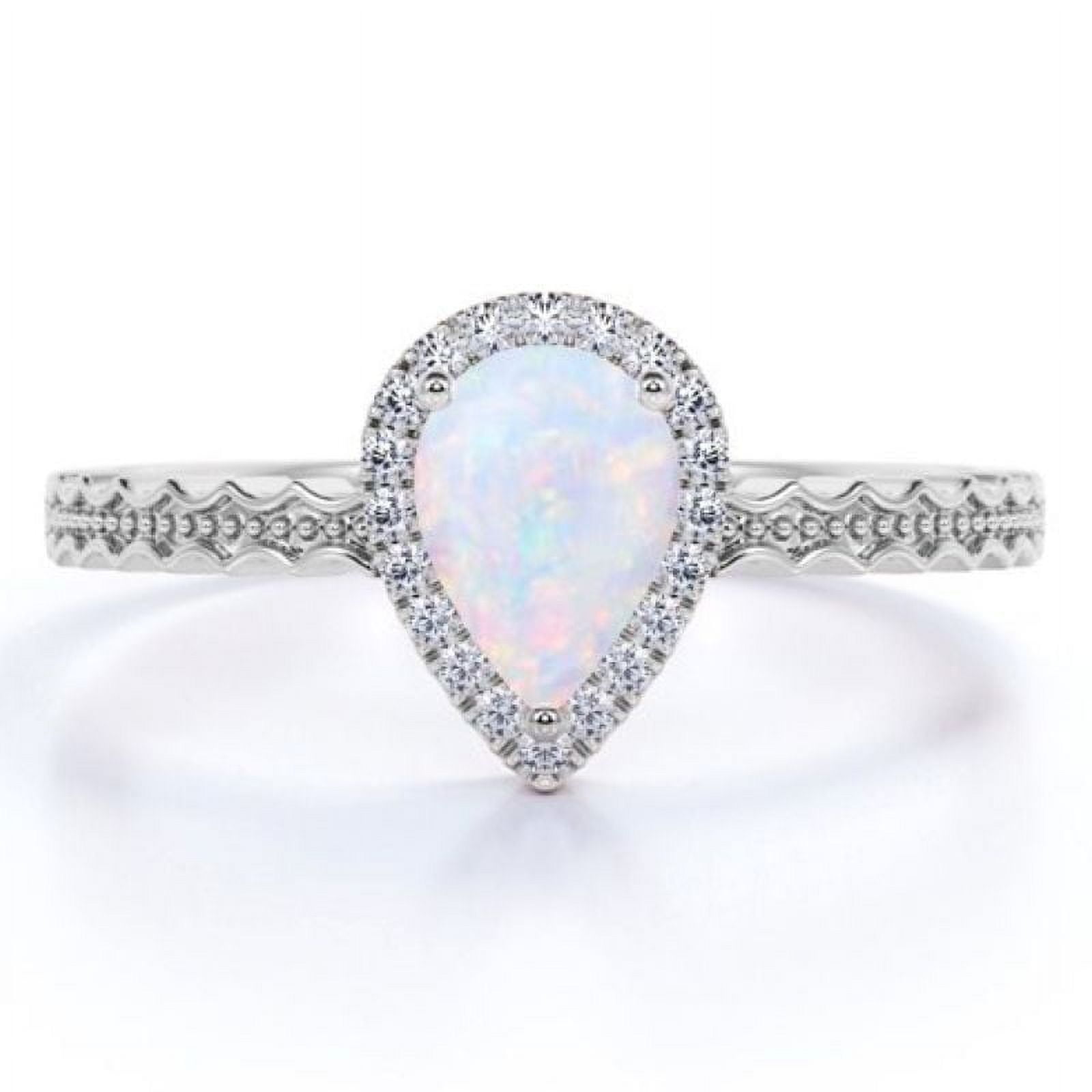 JeenMata Unique 1.75 ct Pear Shaped Opal and Moissanite Curved Engagement Ring in 18K White Gold over Silver