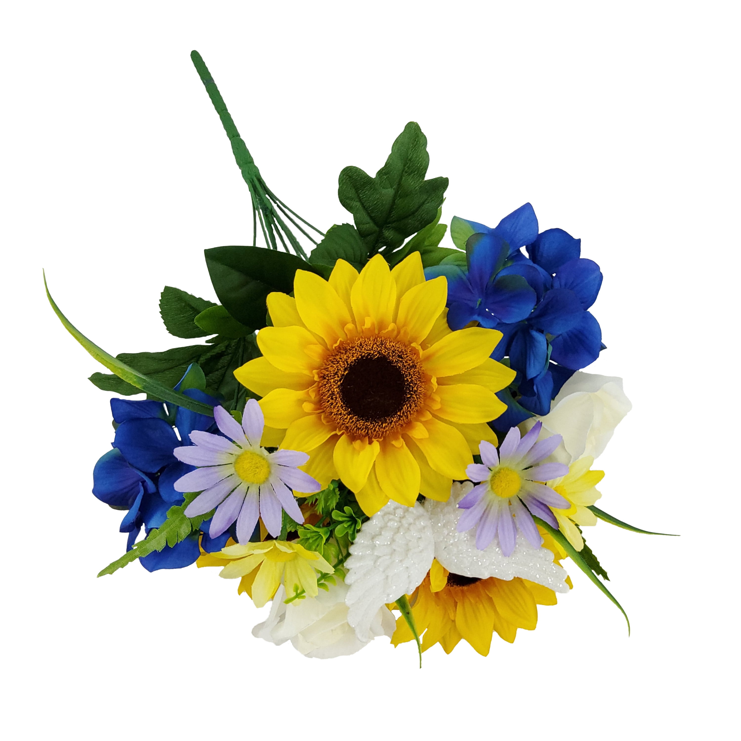 Mainstays 18in Indoor and Outdoor Artificial Sunflower and Hydrangea Bouquet,Yellow and Blue Color.