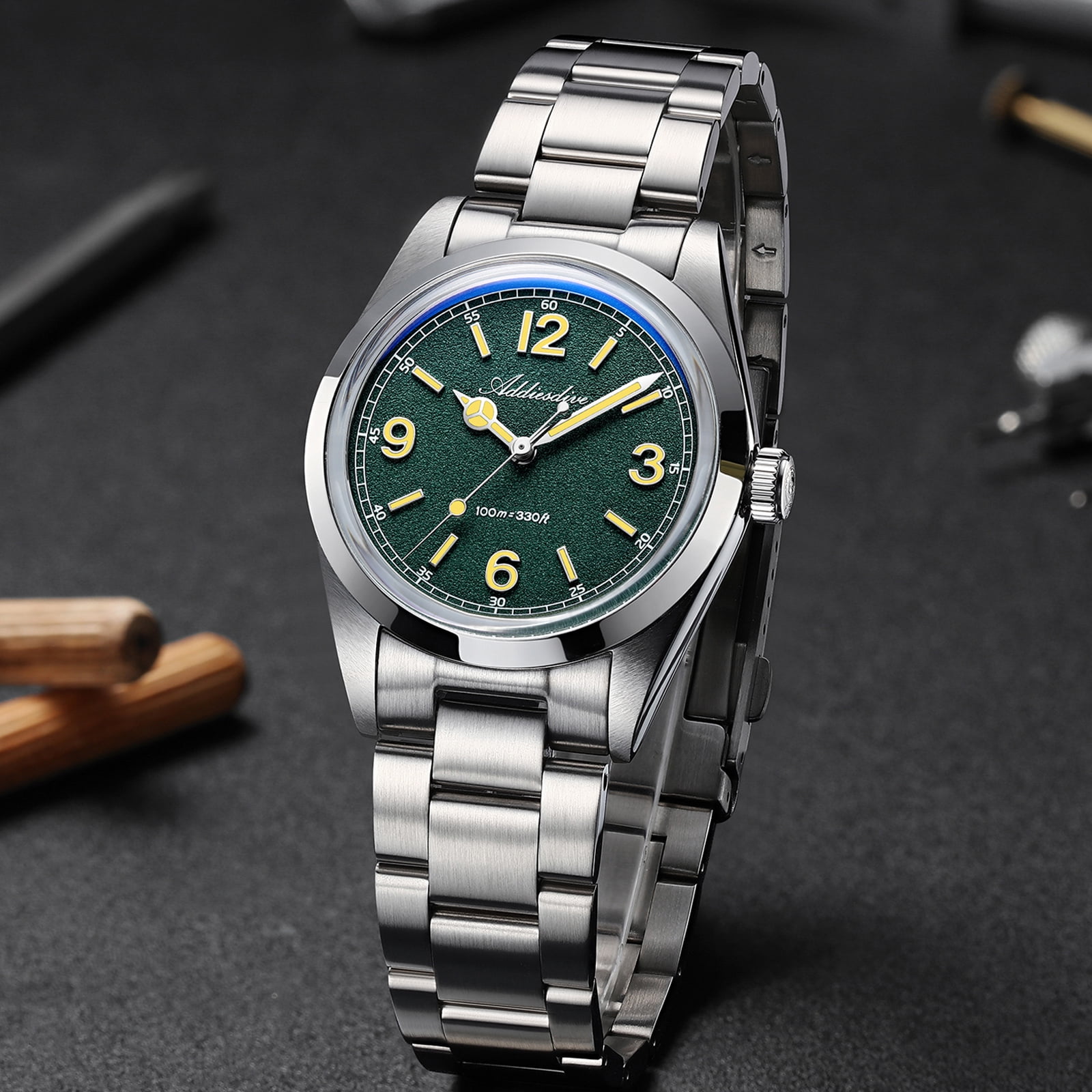 ADDIESDIVE Watches for Men Diver 100m Waterproof, 316L Stainless Steel, Japanese Quartz Movement,Luminous Green Dial