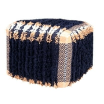 LR Home Small Fringe Geometric Indoor Square Pouf, Navy/Peach, 18" x 18" x 14"