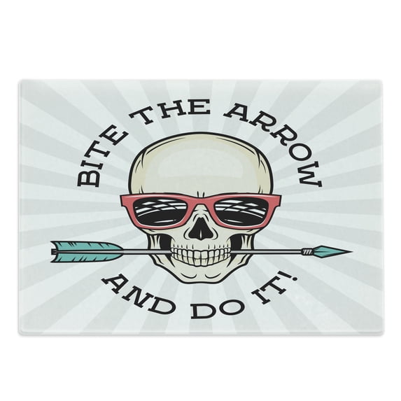 Skull Cutting Board, Hipster Skull with Punk Sunglasses and Arrow in Mouth Dead Vibes in Retro Graphic, Decorative Tempered Glass Cutting and Serving Board, in 3 Sizes, by Ambesonne