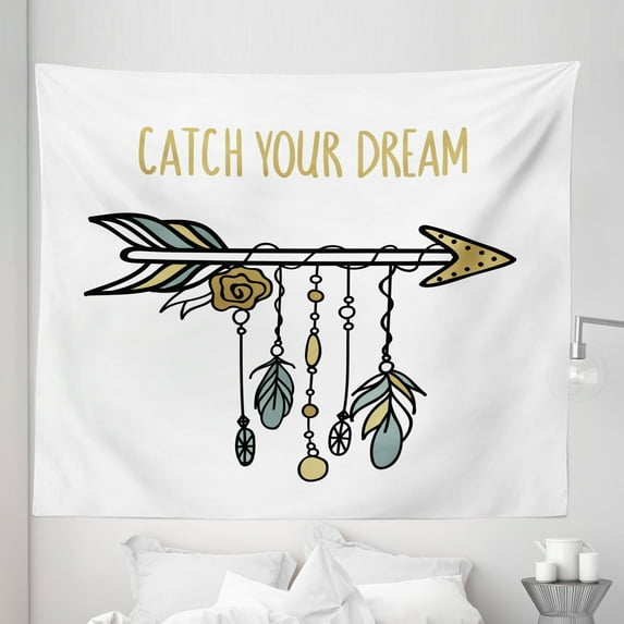 Dream Tapestry, Tribal Arrow with Hanging Feathers Catch Your Dream Words Boho Style, Fabric Wall Hanging Decor for Bedroom Living Room Dorm, 5 Sizes, Sand Brown Blue Grey, by Ambesonne