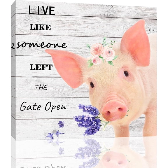 Pig Art Pig with Flower Crown Poster Decorative Painting Cute Pig and Lavender Picture Wall Decor Pig Canvas Wall Art Bedroom Home Framed Painting (Wooden frame12''''x12'''',PIG)