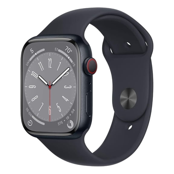 Restored Apple Watch Series 8 GPS + Cellular 45mm Midnight Aluminum Case with Midnight Sport Band - S/M. Fitness Tracker, Blood Oxygen & ECG Apps, Always-On Retina Display