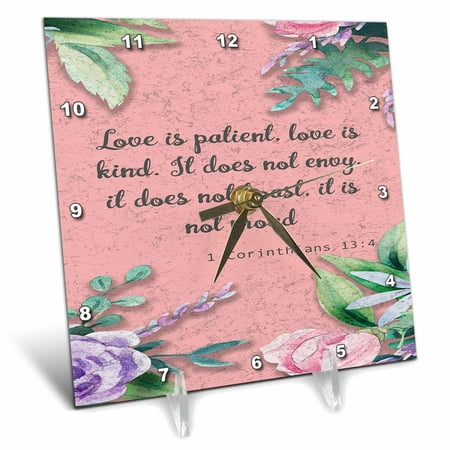3dRose, Bible quote from Corinthians on graphic background, 6x6 Desk Clock
