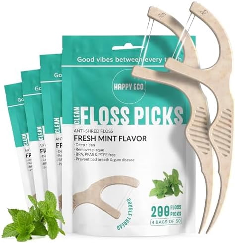 Dental Floss Picks for Teeth (200ct) - Double Thread Tooth Flossers Adults Toothpicks Floss Vegan Corn-Straw Handle Shred-Resistant String Interdental Oral Care & Gum Health Mint