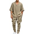 thumbnail image 2 of LEKWK Men Lounge Set Textured 2 Piece Matching Outfits V Neck Short Sleeve Top and Drawstring Jogger Pants with Pockets Fall Vacation Outfits, 2 of 5