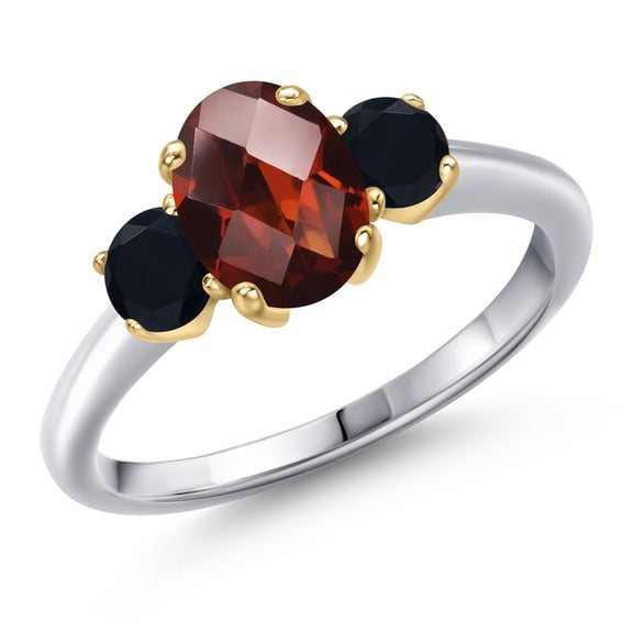 Gem Stone King 925 Silver and 10K Yellow Gold Red Garnet and Black Onyx Engagement Ring for Women | 1.97 Cttw | Oval Checkerboard 8X6MM | Gemstone January Birthstone | Size 6