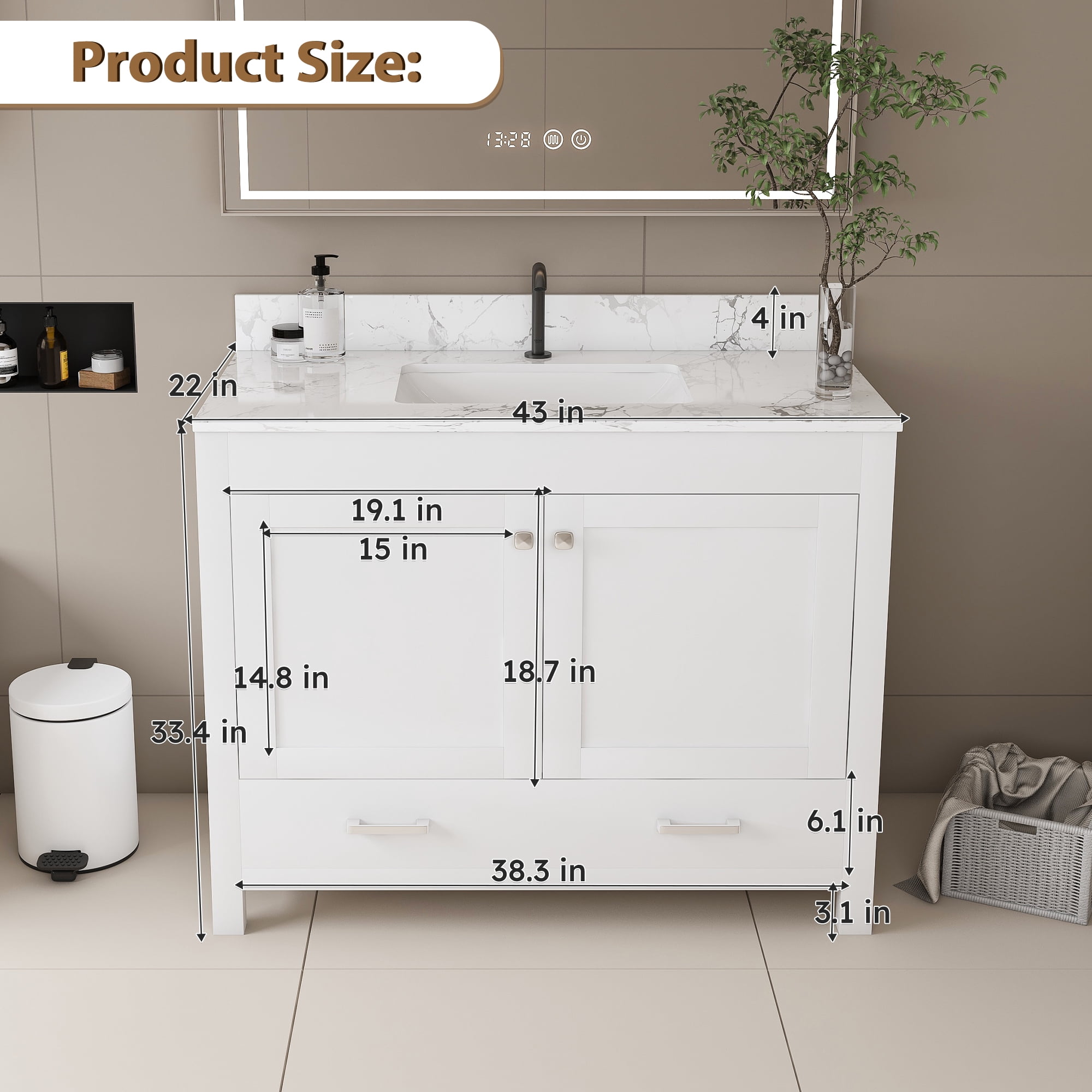 Mintazer 43 Inch Bathroom Vanity Cabinet with Sink, Bathroom Storage Cabinet with Drawer & Single‑Hole Marble‑Pattern Vanity Top for Bathroom, White