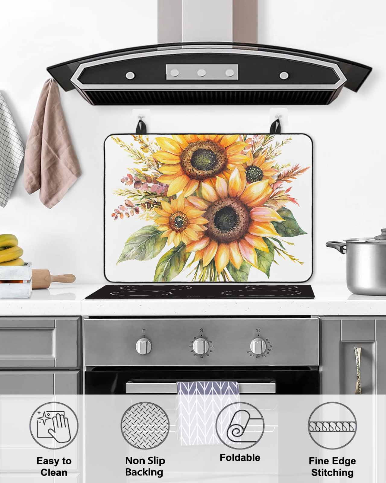 nqOlkjepod Large Induction Cooktop Protector Mat 24"x21", Sunflower Stove Top Covers for Electric Stove, Watercolor Garden Blooms Floral Spring Stove Burner Cover Mats, Glass Top Stove Cover