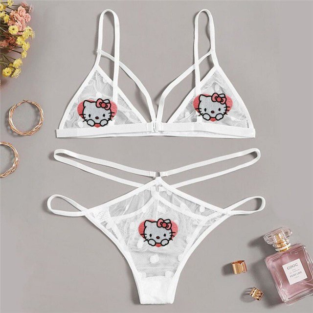 Conjunto de ropa interior de encaje con pegatina bordada de Hello Kitty para mujer, traje de Bikini, sujetador, bragas, dibujos animados, Melody Kuromi, moda, 2 piezas