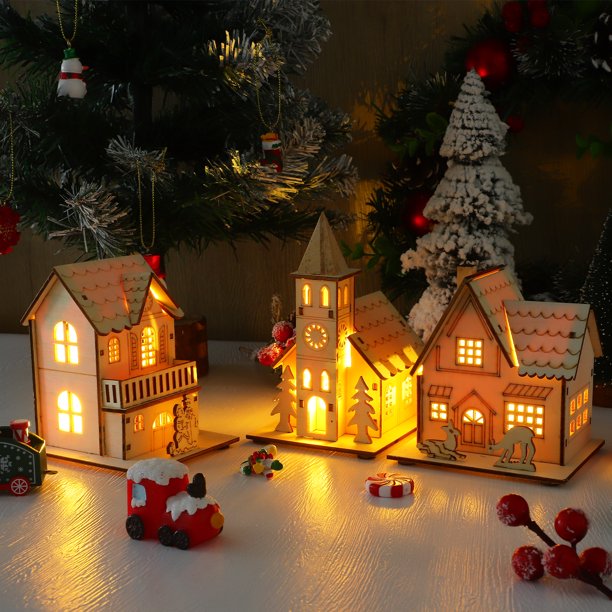ColoMX Adornos de escritorio para casa de madera, decoraciones navideñas, adornos de escena luminosa, 3 uds.