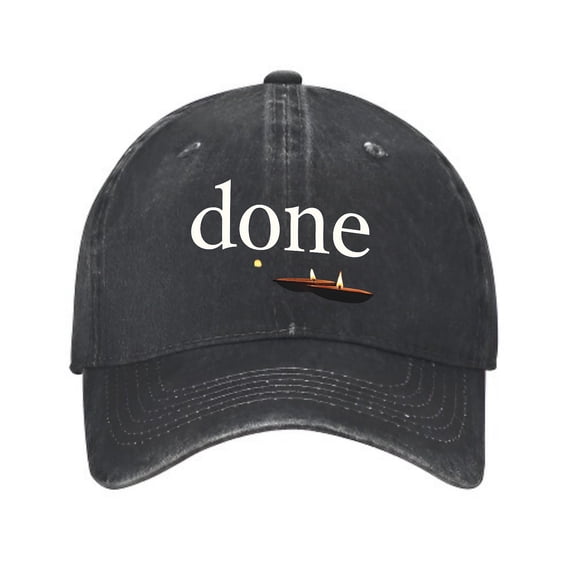 Vintage Cotton Washed Distressed Baseball Cap - Black Curved Brim Hat with ' done ' in White Flame Design & Yellow Dot - Perfect Golf Dad Hat for Men & Women