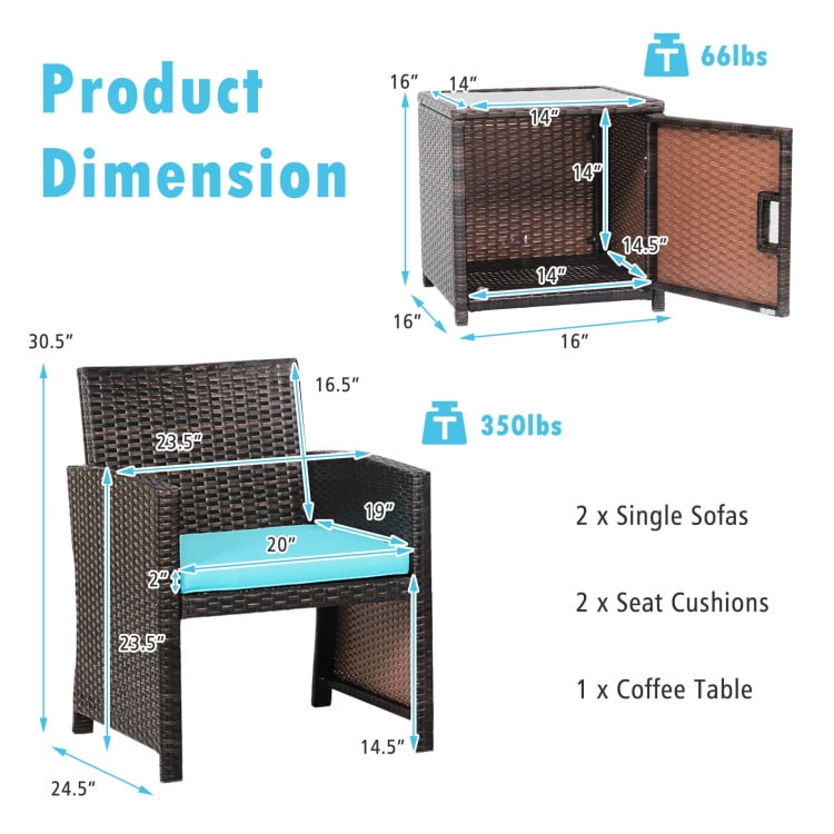 Aimee Lii 3 Pieces Patio Wicker Furniture Set with Storage Table and Protective Cover, Outdoor Patio Furniture, Turquoise Aimee Lii 3 Pieces Patio Wicker Furniture Set with Storage Table and Protective Cover, Outdoor Patio Furniture, Turquoise