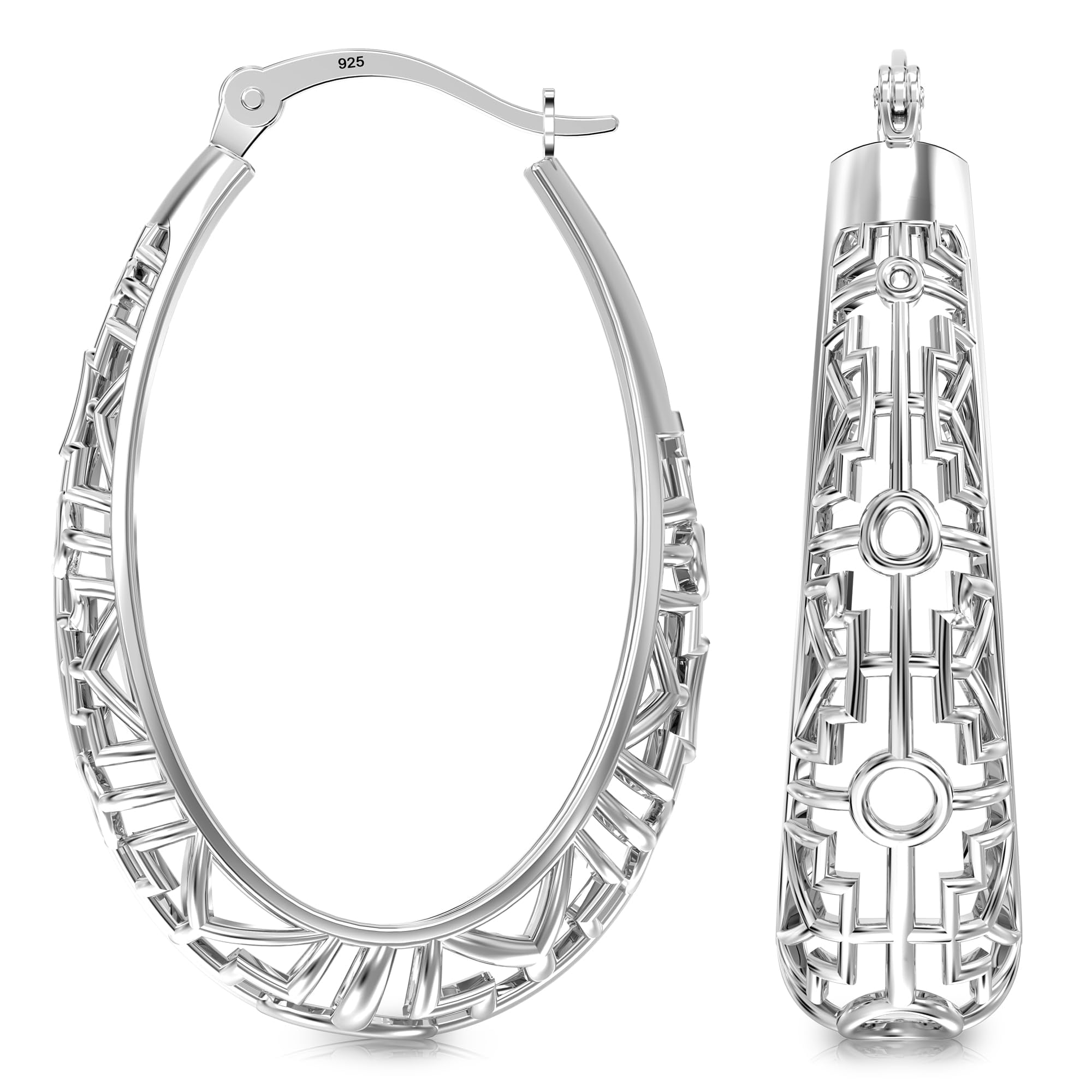 LeCalla 925 Sterling Silver Hoop Earrings for Women Mesh Filigree Oval Hoops Click-Top Earrings 30MM