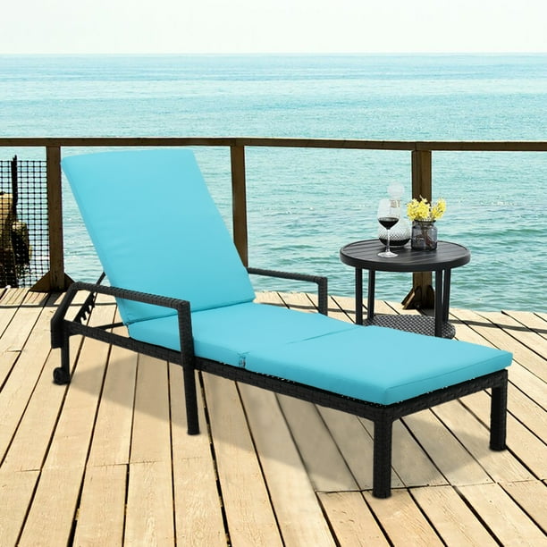 Chaise Lounges for Patio, Black Wicker Outdoor Chaise Lounge Chairs with Adjustable Back&Blue