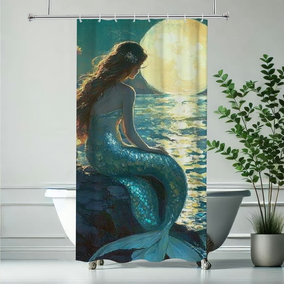 RKSupls Waterproof Shower Curtain, Mermaid Moonlit Ocean Polyester Shower Curtain with Hooks for Chic Elegant Home Bathtub Bathroom Decor Washable