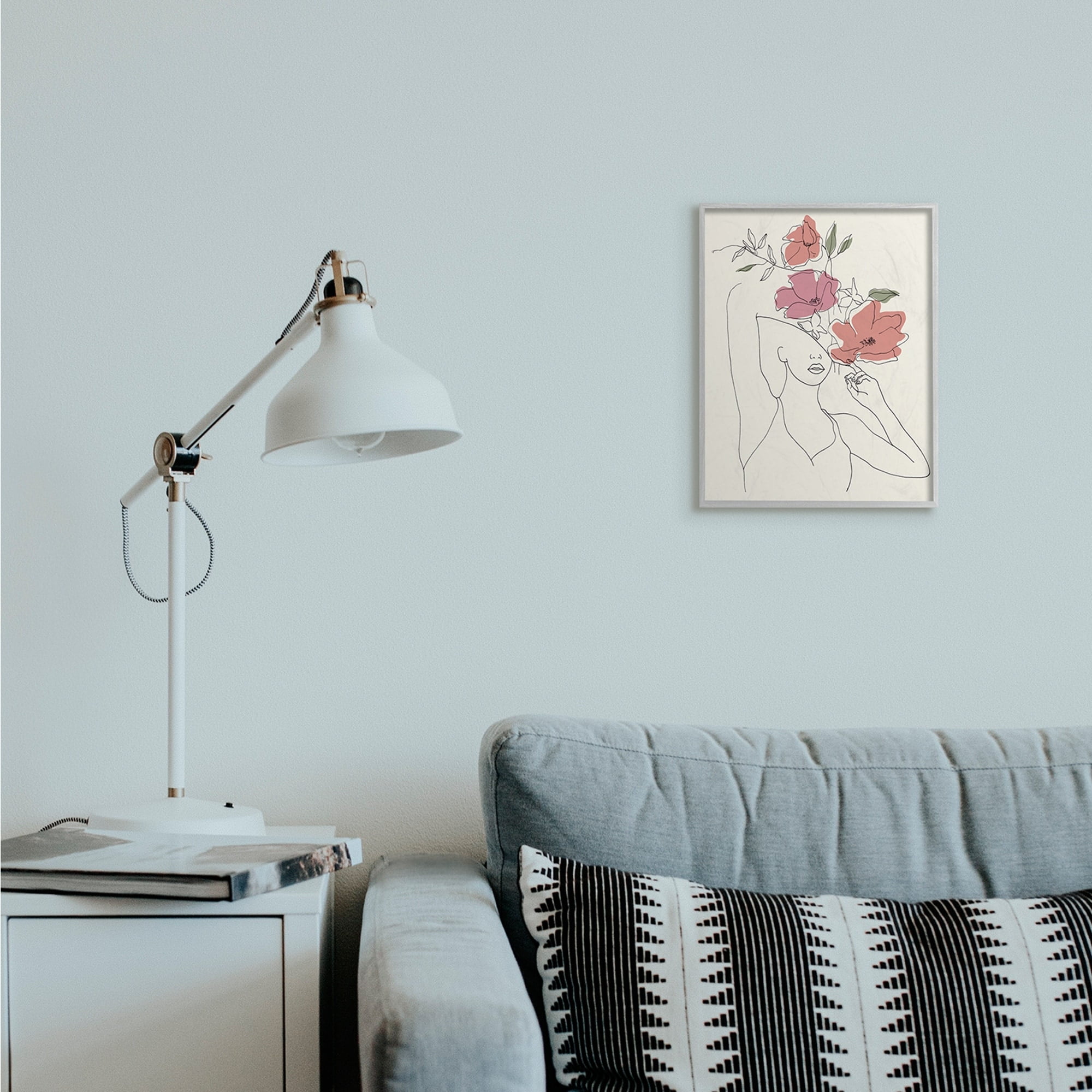 Stupell Industries Female Linework Portrait Blooming Floral Sketch Gray Framed by Melissa Wang