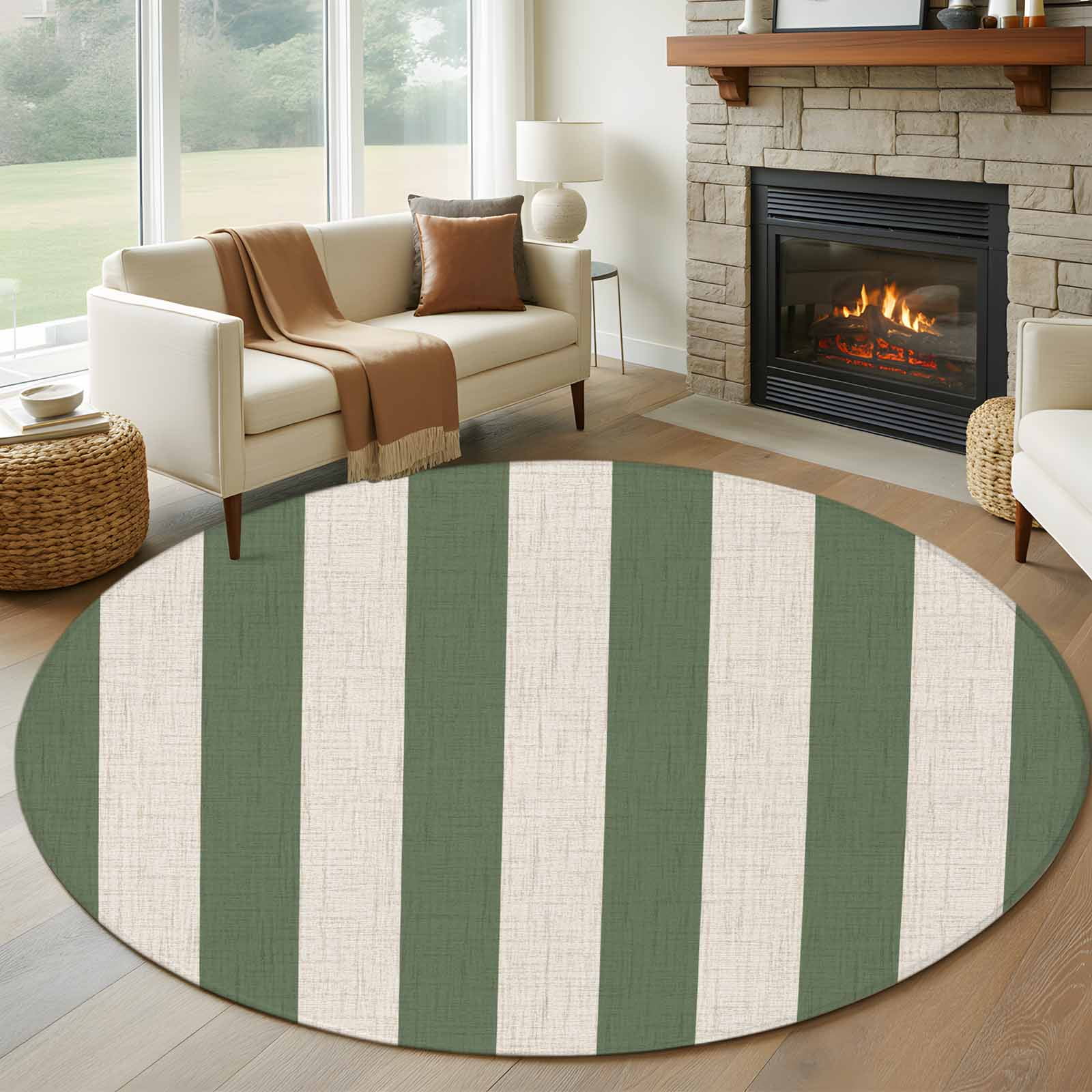 Round Rug 5ft Area Rug Sage Green Stripe Area Rugs for Living Room Bedroom Modern Minimalist Retro Linen Floor Mat Non-Slip Non-Shedding Carpet Indoor Accent Rugs