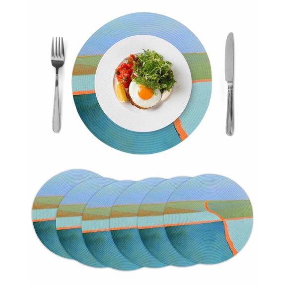 Green Teal Orange Round 13 Inch Placemats Set of 6, Modern Oil Painting Abstract HeatResistant Non Slip Place Mats for Dining Table, Wipeable Braided Kitchen Table Mats for Housewarming