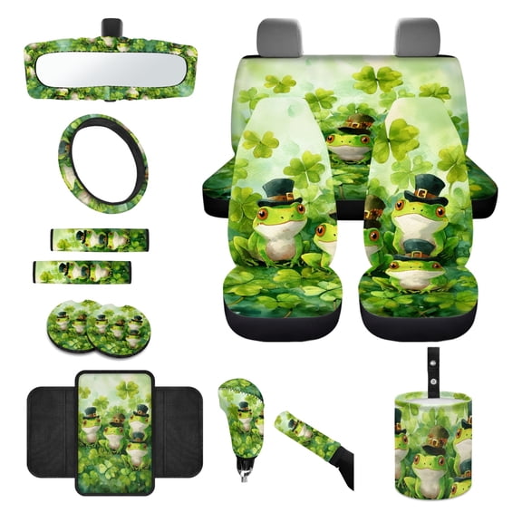 Renewold Car Seat Cover Set 14 PCS, Steering Wheel Seat Belt Rear View Mirror Gear Shift Knob Center Console Cover Coaster Trash Can for St. Patrick's Day Decor, Frog Leprechaun Hat Green Clover