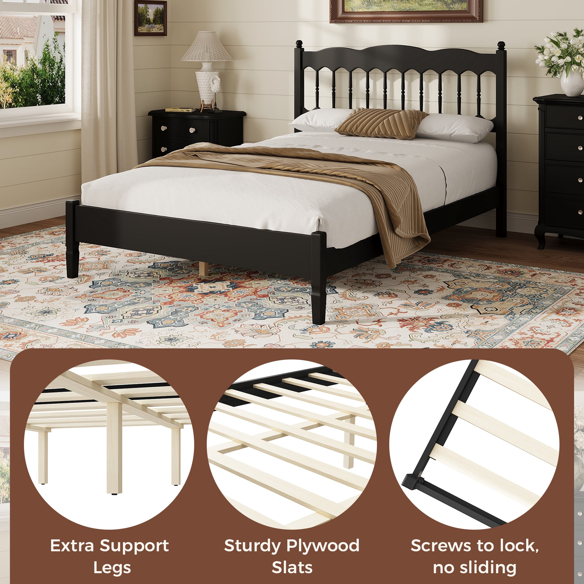 Mintazer Farmhouse Full Platform Bed with Spindle Headboard, Vintage Arched Slat Platform Bed Frame for Bedroom, No Box Spring Required, Black