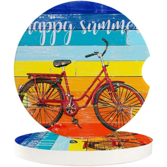 FMSHPON Happy Summer Bicycle Wood Grain Set of 6 Car Coaster for Drinks, Absorbent Ceramic Stone Coasters Cup Mat with Cork Base for Home Kitchen Room Coffee Table Bar Decor
