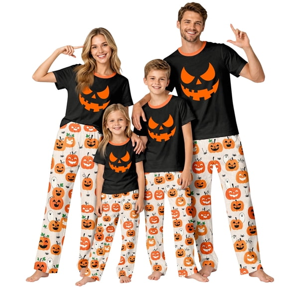 Onlypjs Family Halloween Pajamas Matching Sets Pumpkin Face Print Short Sleeve Sleepwear Loungewear for Couples Adults Women Men