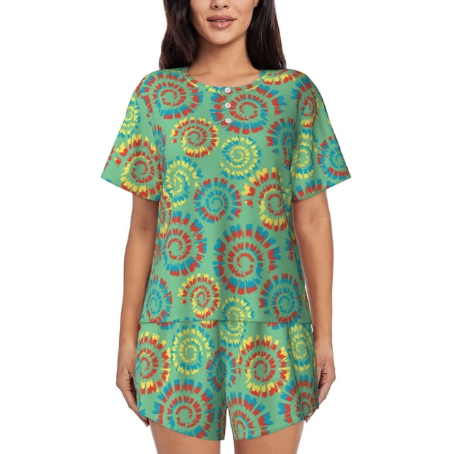 Fotbe Colourful Tie Dye Conjunto de Pijama Estampado para Mujer, 2 Piezas, Ropa de Dormir con Camiseta de Manga Corta y Shorts Suaves-Medium