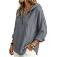thumbnail image 3 of Women's Long Sleeve Hooded Shirt Tunic Tops Textured Drawstring Hood Half Button Placket Loose Daily Shirts Gray S, 3 of 5
