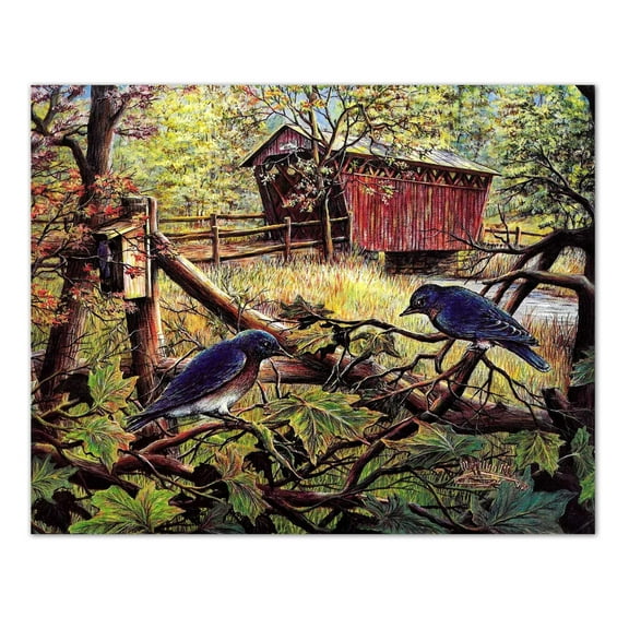 Old Country Bridge with Bluebirds in Tree Wall Picture 8x10 Art Print