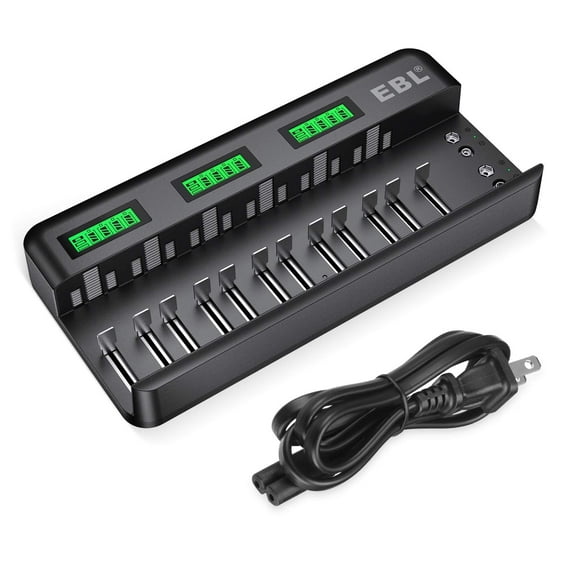 EBL 12+2 Bay LCD Rechargeable Battery Charger for AA AAA C D 9V Ni-MH Ni-CD Batteries & 9V Li-ion Rechargeable Batteries (AC Power Supply)
