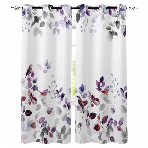 Purple Grey Leaves Blackout Curtains for Bedroom/Living Room, Thermal Insulated Kitchen Curtains, Summer Botanical Pastoral Watercolor Grommet Darkening Window Treatment Drapes 27.5"x39"x2