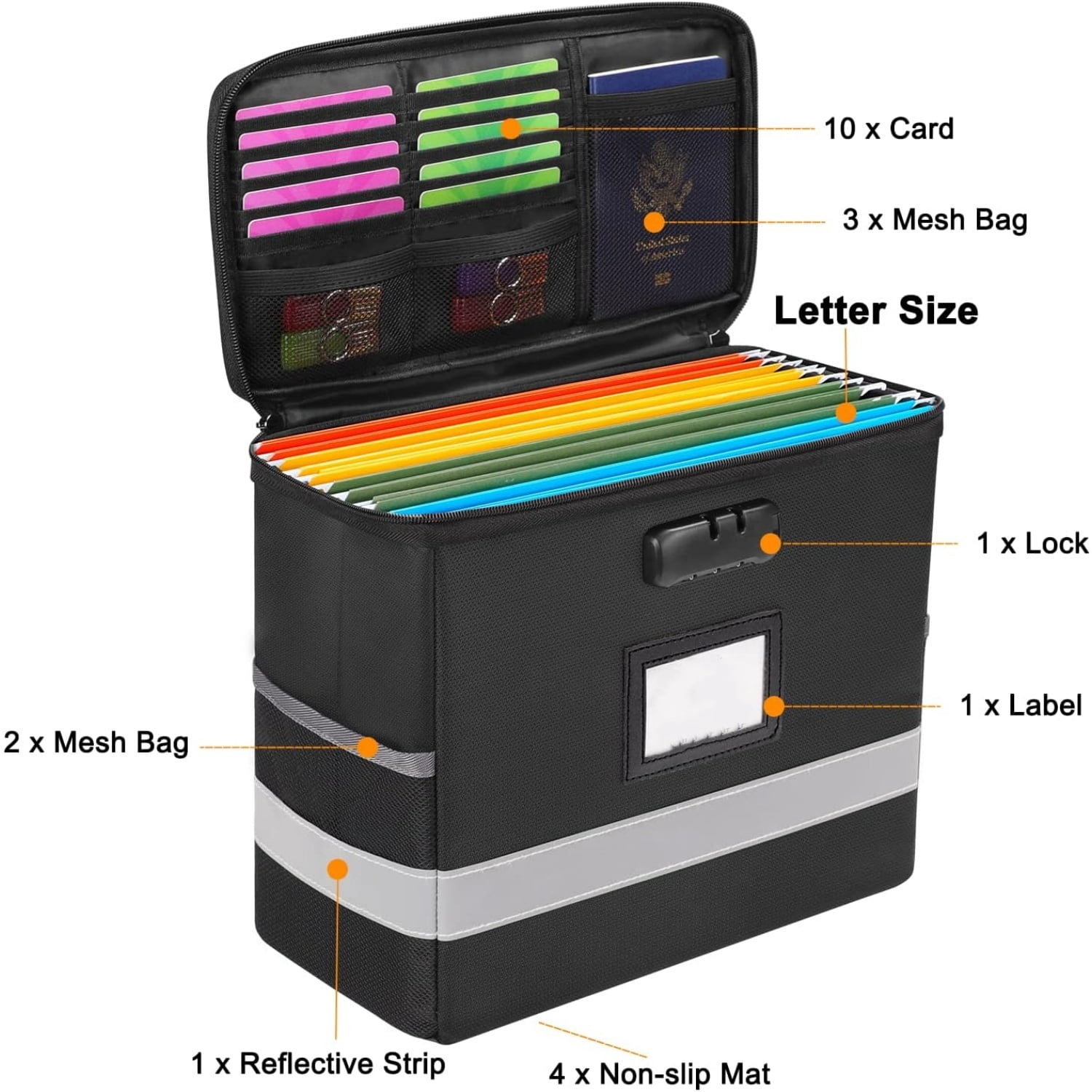 "Fireproof File Box with Lock, Document Box Storage Organizer, Suitable for Hanging File Folders in Letter Size, Collapsible File Box, Reflective Strip for Fast Find (12.2""*6""*10.2 (Black, 2Pcs) "