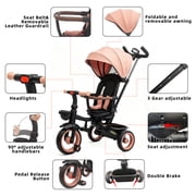 XJD 7-in-1 Toddler Bike with Push Handle for Ages 1-4, Foldable Lightweight Toddler Tricycle Stroller, Convertible Push Trike with Safety Harness, Pink