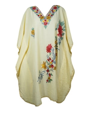 Mogul Women Embroidery Mid Length Caftan Dress V-Neck Kimono Sleeves Resort Wear Cover Up Peach Tunic Kaftan Dresses 2XL