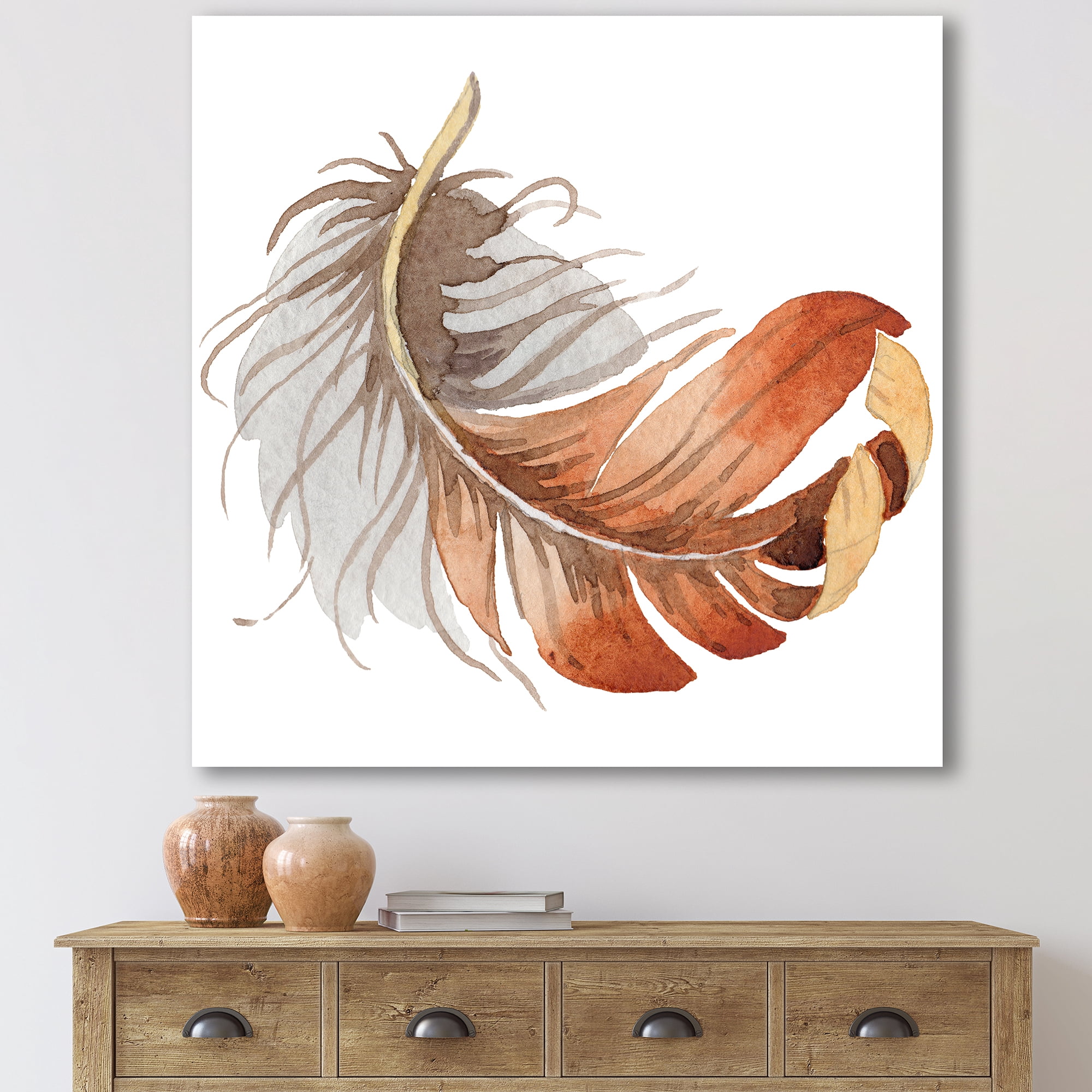 Designart ' Orange Ethnic Bird Feather On White ' Bohemian & Eclectic Canvas Wall Art Print