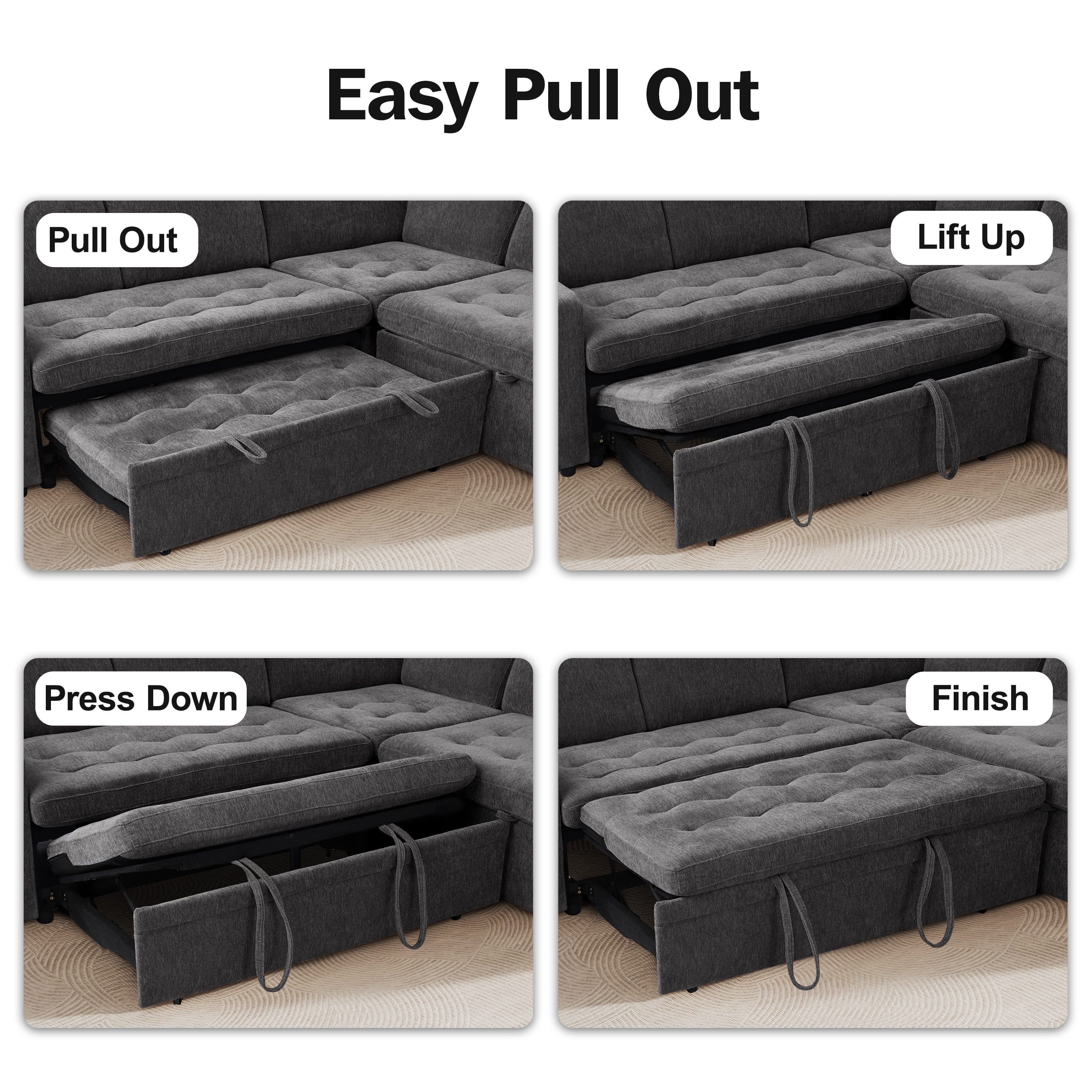8-Seat Large U Shaped Modular Sectional | Pull Out Bed Sleeper Sofa Dark Grey/ Reclining Backrest, USB Ports, LED Light & Storage Seat - Tool-Free Assembly