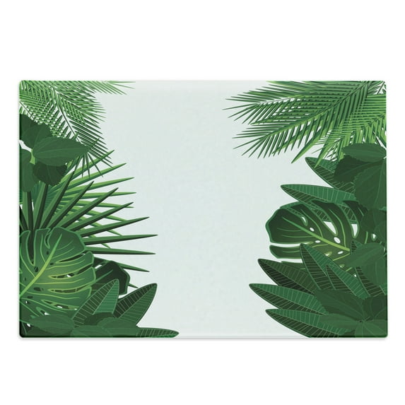 Leaf Cutting Board, Exotic Fantasy Hawaiian Tropical Palm Leaves Floral Graphic Art Print, Decorative Tempered Glass Cutting and Serving Board, Large Size, Green White, by Ambesonne