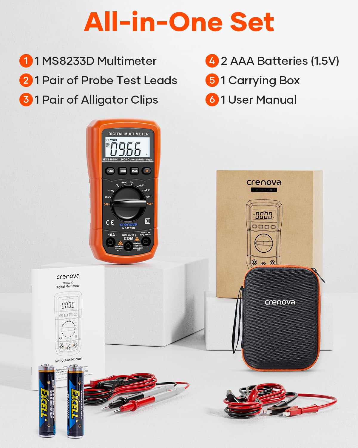 Digital Multimeter, 6000 Counts Auto-Ranging Tester, NCV Detection, Measures Voltage Current Resistance Capacitance Frequency