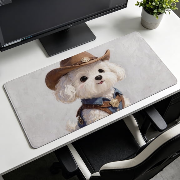 Extra Large cute maltese puppy wearing cowboy hat and uniform Mouse Pad,Non Slip Rubber Pad,Desktop Decoration Drotection Pad,Washable,Lock Edge Multi Size,Premium Multipurpose Mousepad