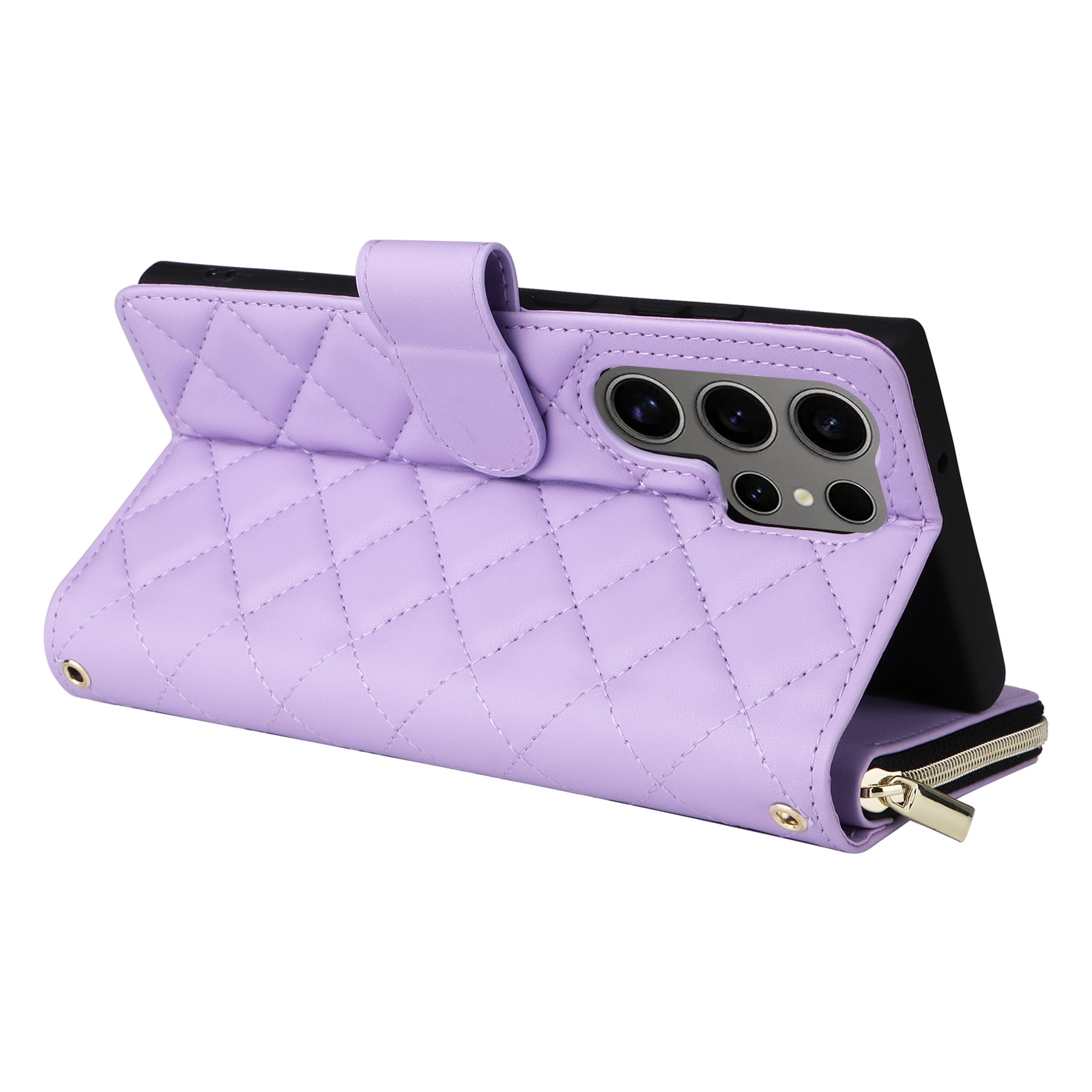 for Samsung Galaxy S24 Ultra Wallet Case, Multi-Functional Zipper Purse Case, with Flip Stand Card Holder PU Leather Phone Cover with Lanyard & Wrist Strap for Samsung Galaxy S24 Ultra, Purple