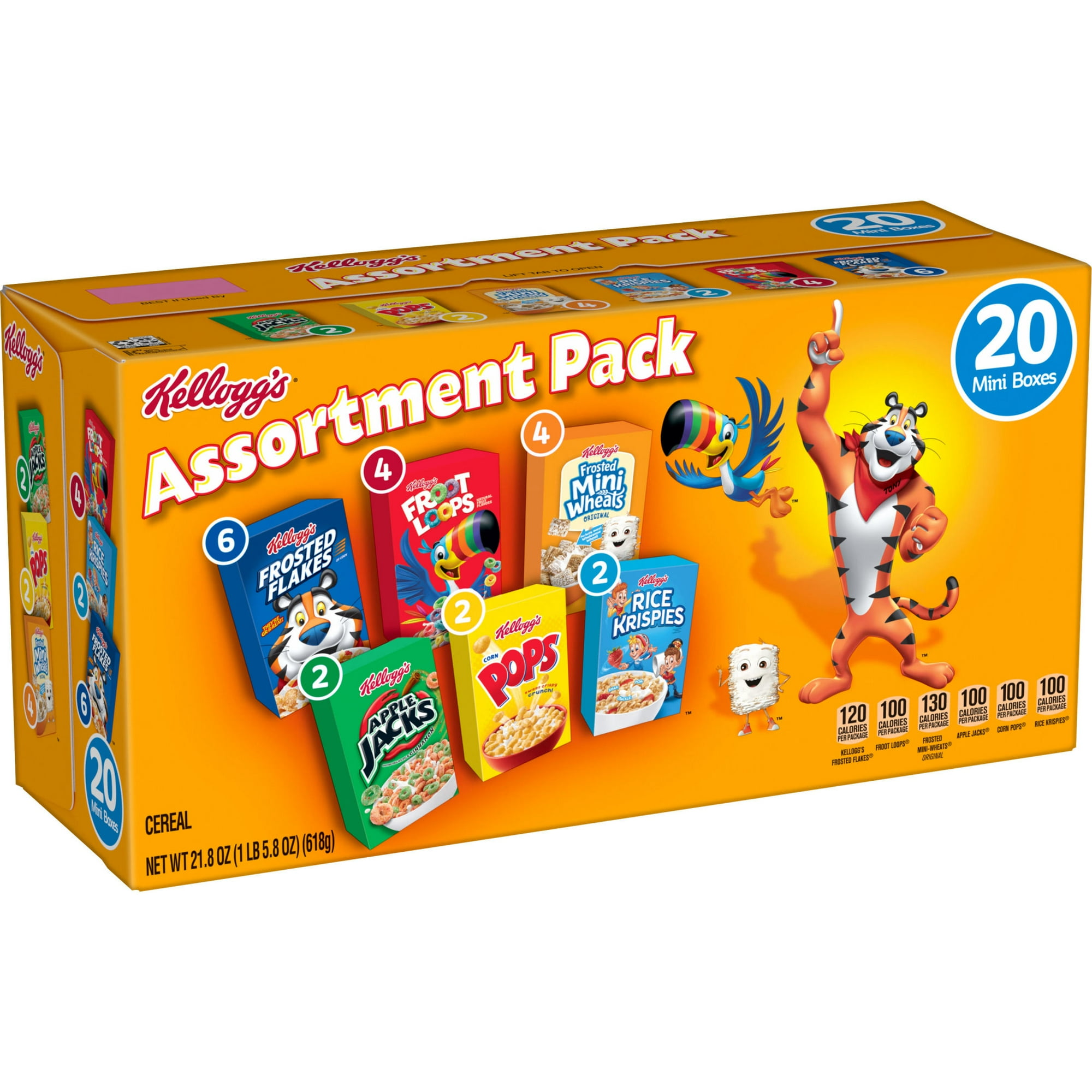 Kellogg's Assortment Pack Variety Pack Breakfast Cereal Box, 21.8 oz, 20 Count