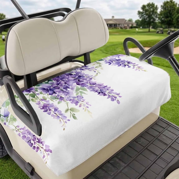 Golf Cart Seat Covers for 2 Seater,Purple Green Leaf Microfiber Cart Seat Towel Blanket,Spring Watercolor Botanical Flower Absorbent Breathable Non Slip Bench Seats Protector for Golf Course 51"x31"