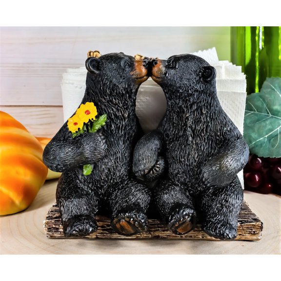 Ebros Romantic Kissing Black Bears Seated By Tree Logs Kitchen Napkin Holder 5"H